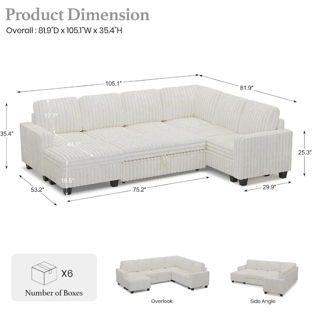 Corduroy Sleeper Sofa Bed With Storage Chaise Modular Sectional