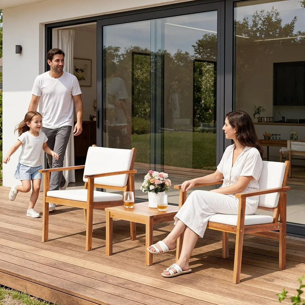 Patio Chairs 3 Piece Acacia Wood Outdoor Conversation Set Coffee Table Cushions