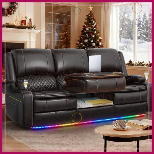 3 Seater Recliner Sofa with Liftable Console, USB Ports & Cup Holders, Manual PU Leather for Living Room/RV