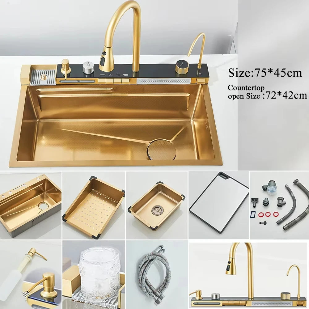 MYQualife 304 Stainless Steel Waterfall Kitchen Sink Faucet Set Dispenser