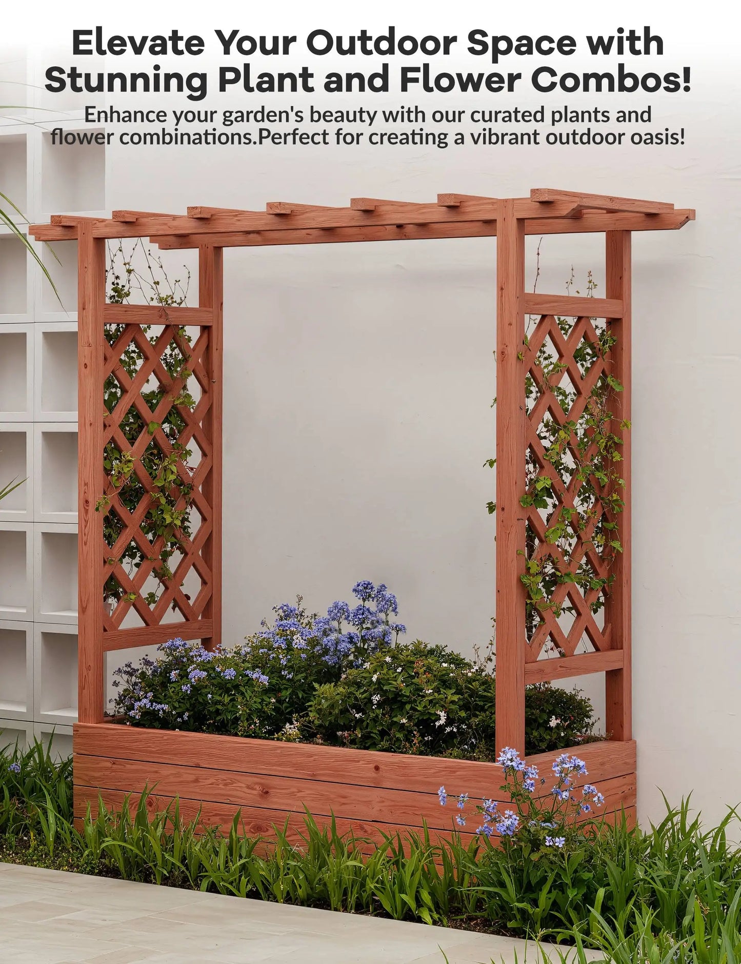 HiMISS Elevated Wooden Raised Garden Bed With Trellis For Climbing
