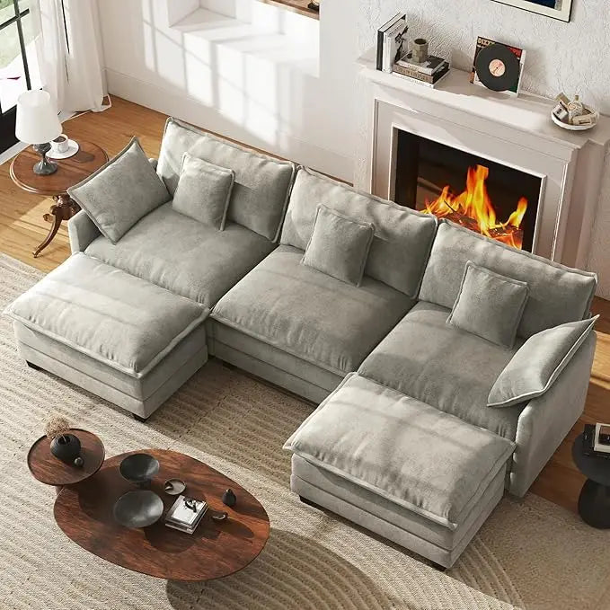 U-Shape Modular Sectional Sofa Chenille Deep Seat With Movable Ottomans