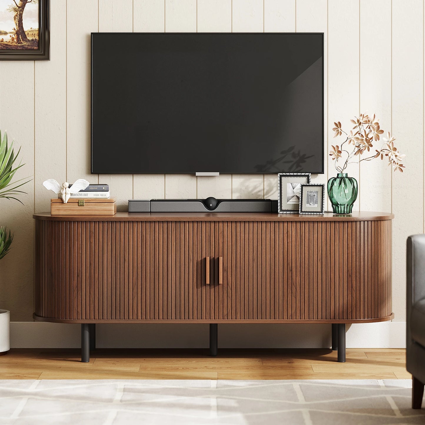 ONBRILL TV Stand With Power Outlet Sliding Doors Adjustable Shelves