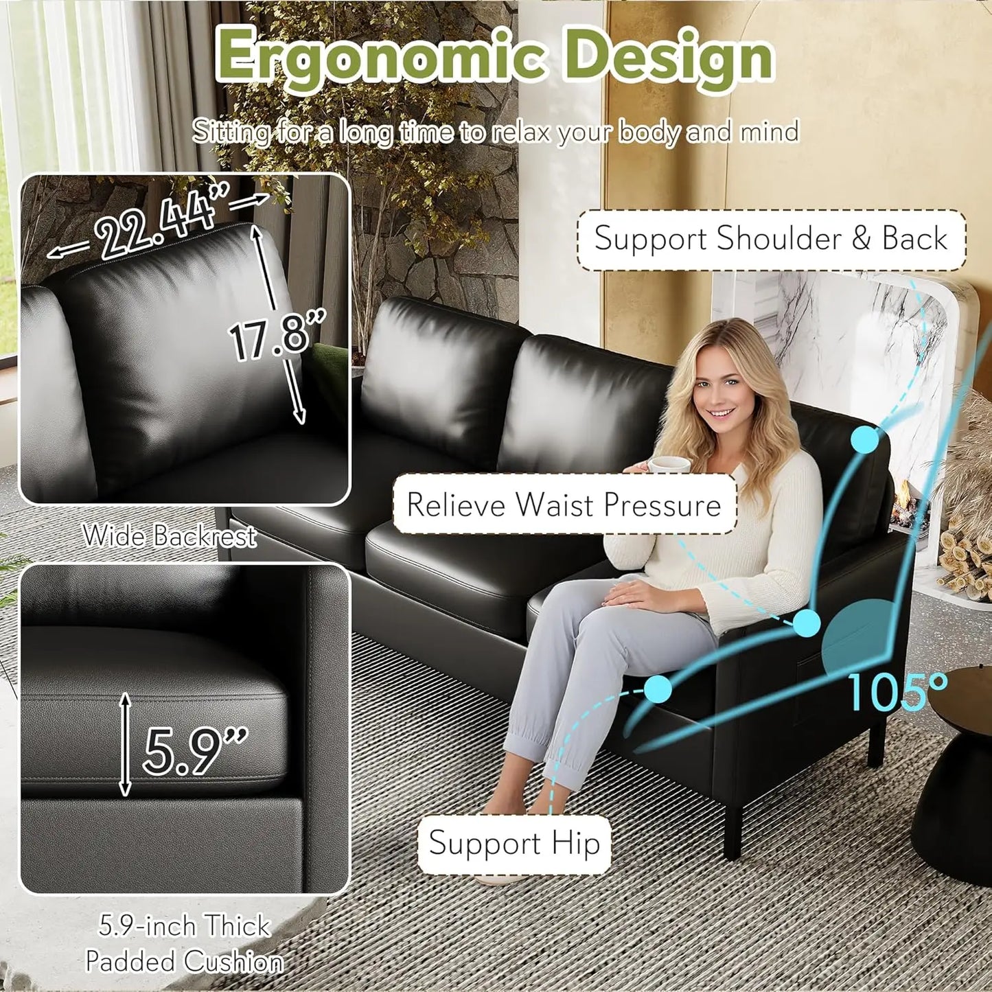 Faux Leather Sofa Modern With USB Ports For Living Room