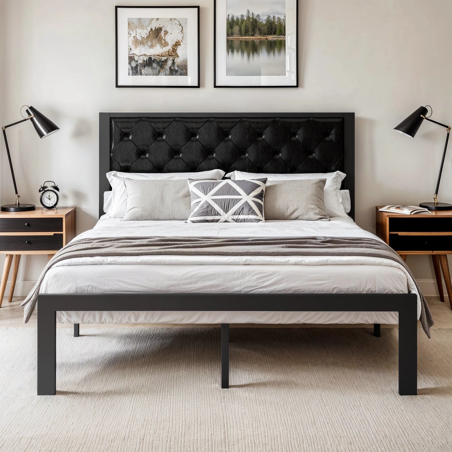 HOOMIC Metal Bed Frame With Upholstered Headboard Linen Fabric