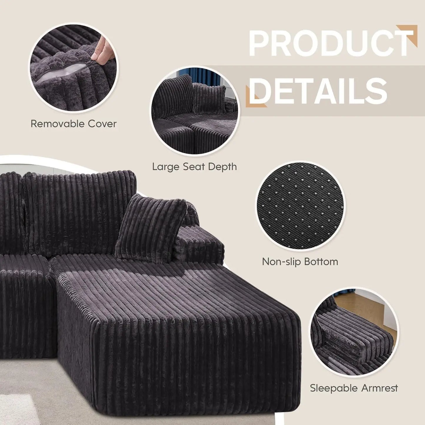 BIANXIANG Modular L-Shape Sectional Sofa With Memory Foam Chaise