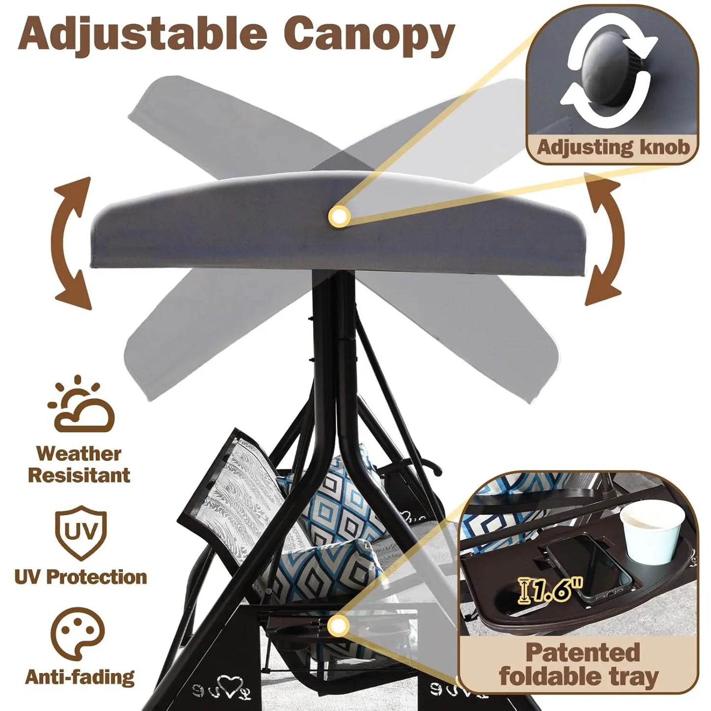3 Seat Patio Swing Chair With Adjustable Canopy Textilene