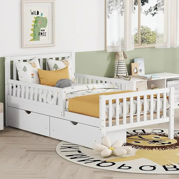 Kids Twin Bed with Guardrails, Low Platform Bed with Headboard and Footboard, Pink Children Bed Frame with 2 Drawers for Boy Gir