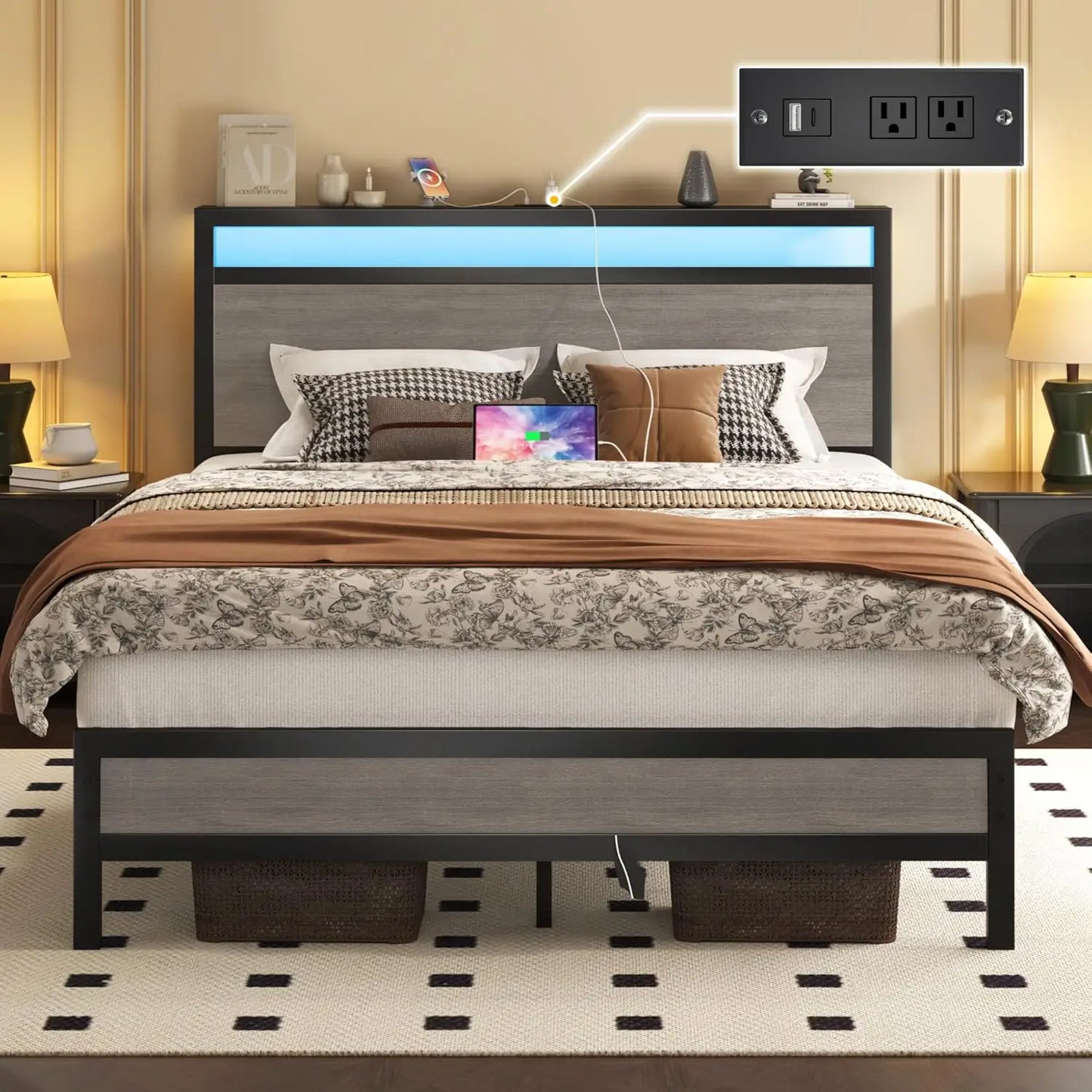 Bed Frame With Headboard And Footboard With USB Charging And LED Light