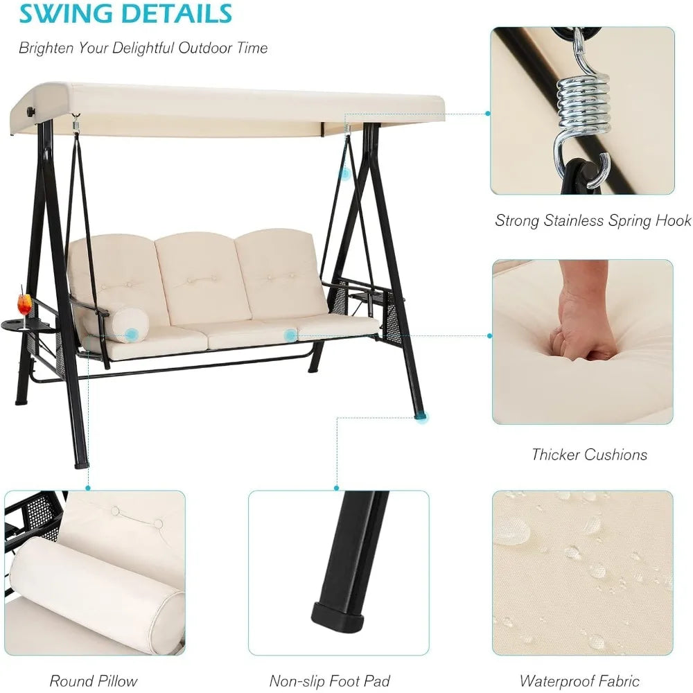 Outdoor 3 Seat Porch Swing With Adjustable Canopy And Cushions
