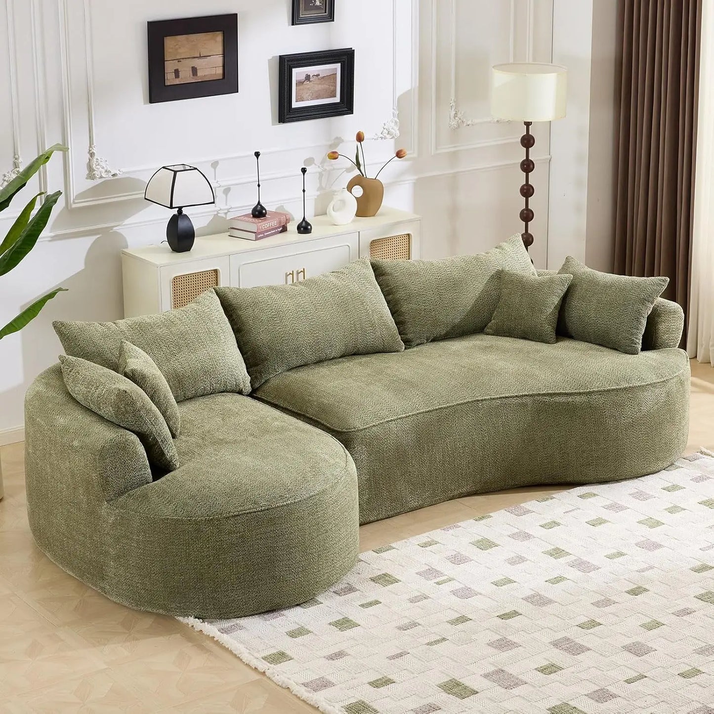 L Shaped Sectional Sofa With Curved Seat Design And Pillows