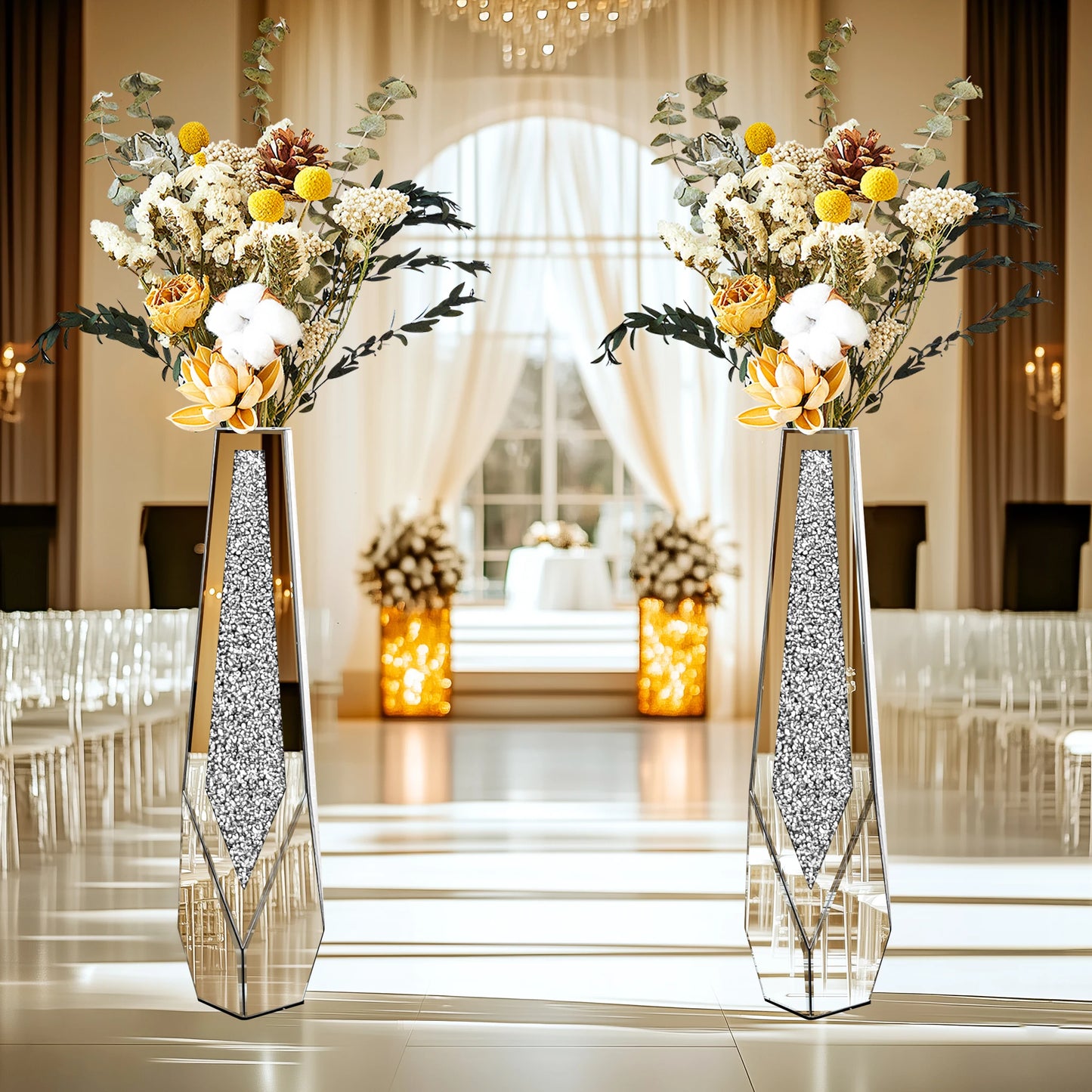 Tall Floor Mirror Vase, Large Crushed Diamond Glass Vase for Home Decor Modern Crystal Centerpiece for Living Room Wedding Hotel