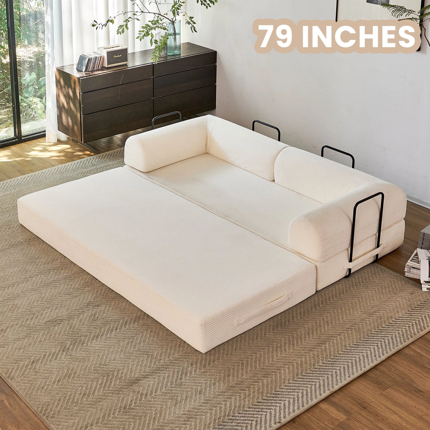Foldable Convertible Futon Sofa Bed With L Shaped Armrests