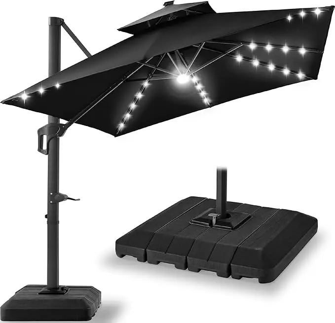 9x12ft LED Cantilever Patio Umbrella w/Base Included & 360° Rotation, Large Solar Offset Hanging Outdoor Sun Shade for Deck