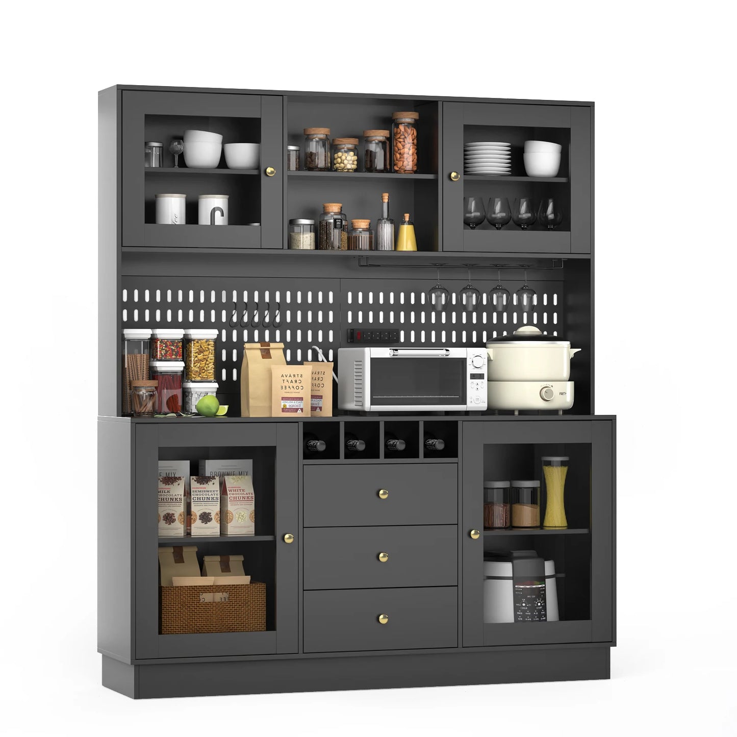 VOWNER Pantry Cabinet Freestanding Kitchen Storage Pegboard Power Outlet