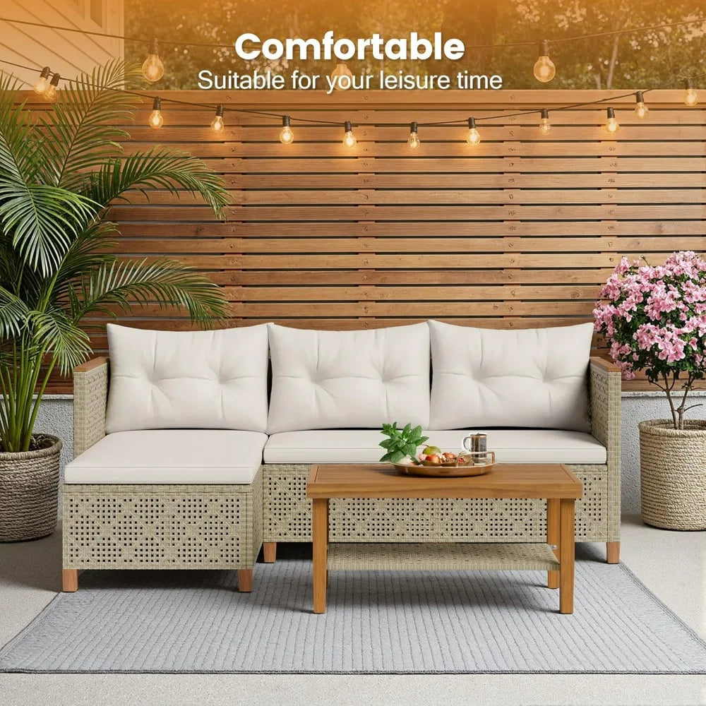 Wicker Patio Furniture Set 3 Pieces Outdoor Sofa Tufted Pillow