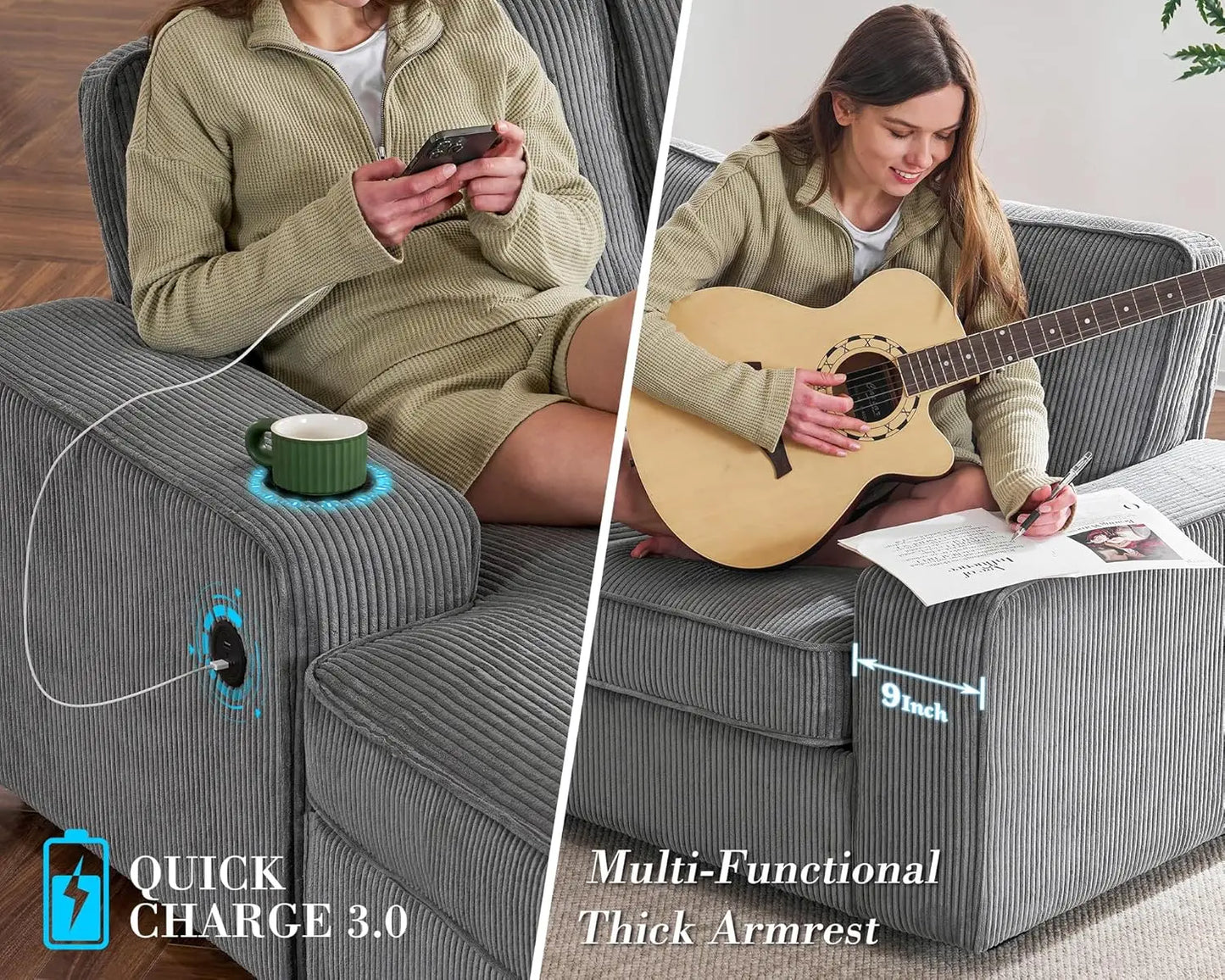 U Shaped Couch Sofa With Storage Chaise And USB Ports