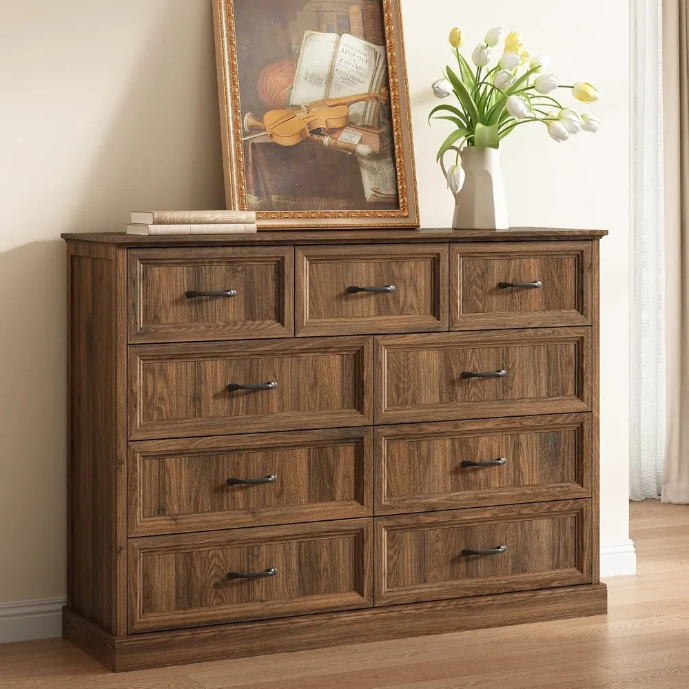 9 Drawer Dresser for Bedroom,with Large Drawers, 55 Inch Wide Modern Walnut Dresser TV Stand