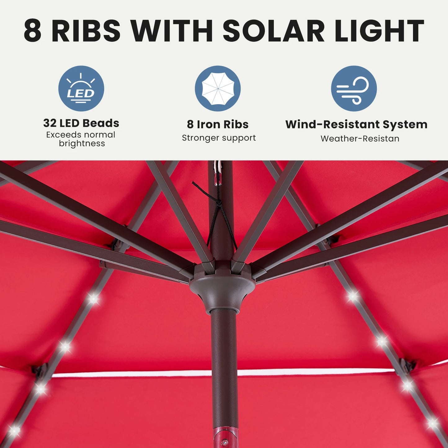 Solar LED Patio Umbrella With Tilt And Crank Lift 32 LED Lights UV Resistant