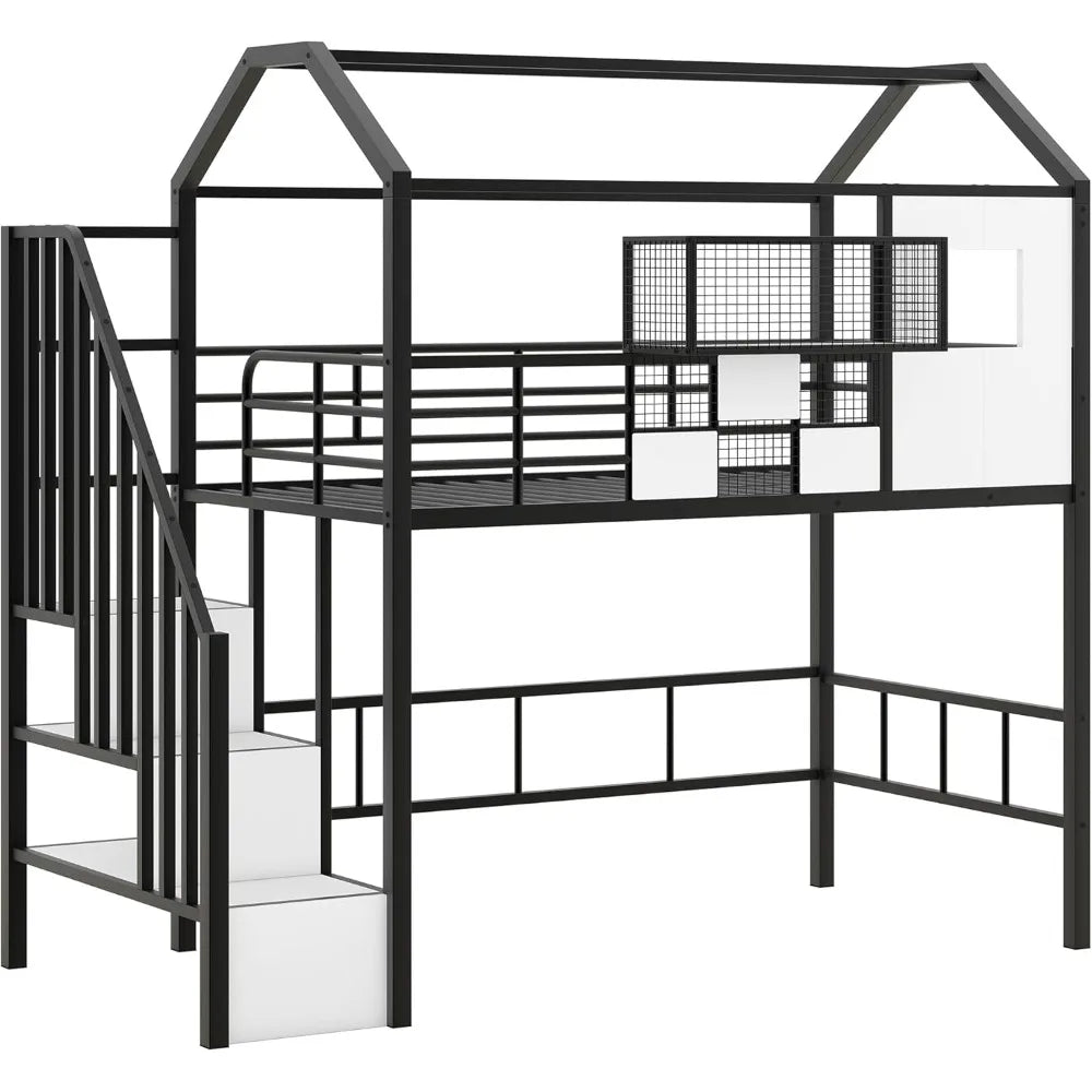 SOFTSEA Twin Size House Loft Bed with Stairs & a Storage Box, Stairway Metal Loft Bed with Roof for Kids, No Noise, Black