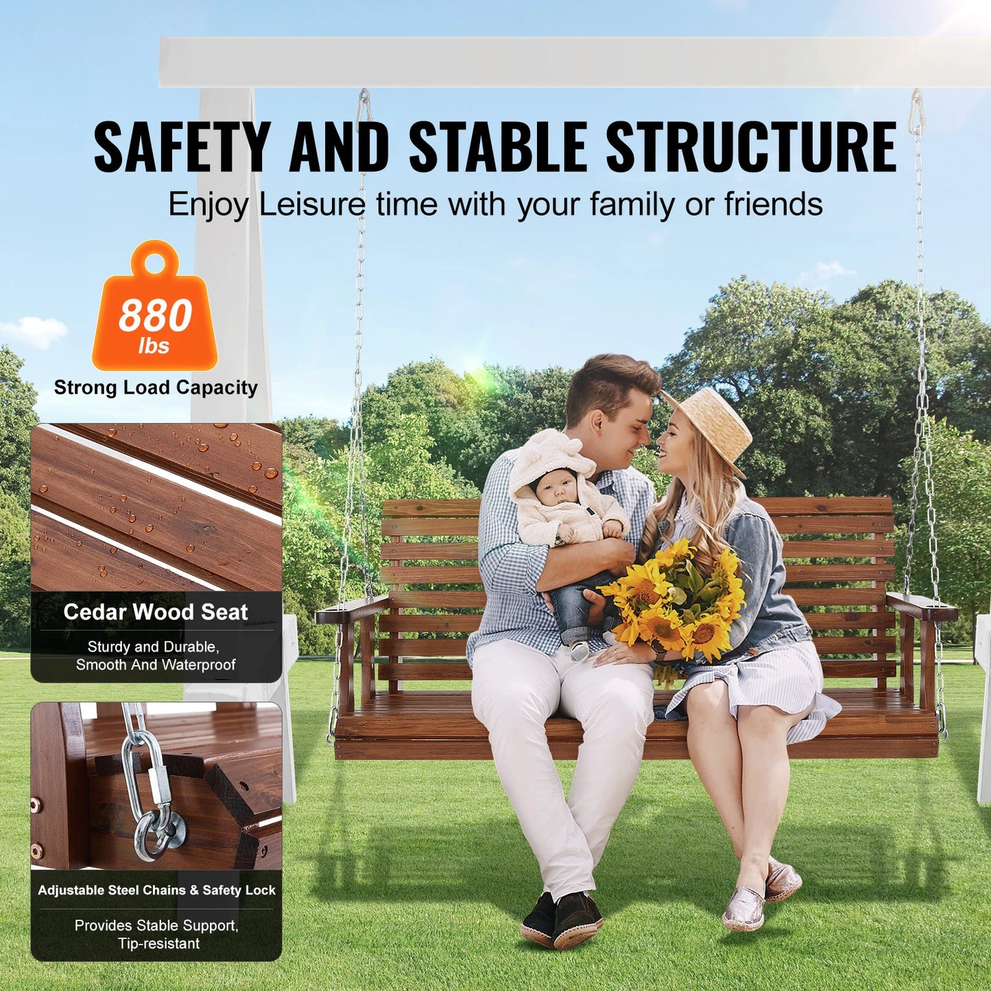 SucceBuy Wooden Porch Swing Outdoor Patio Garden 880 Lb Capacity