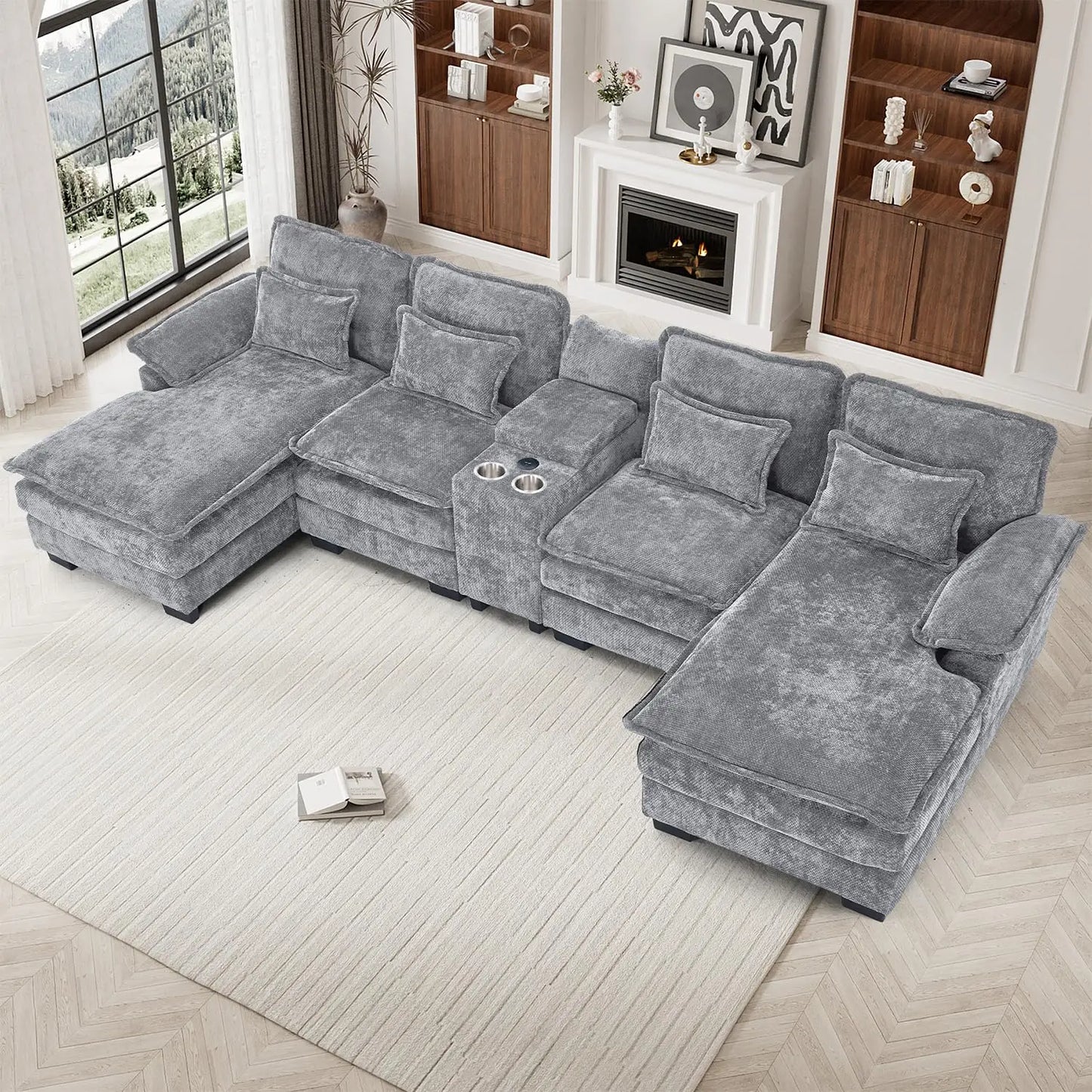 U Shaped Modular Sectional Sofa Chenille With Double Chaise Storage Console USB