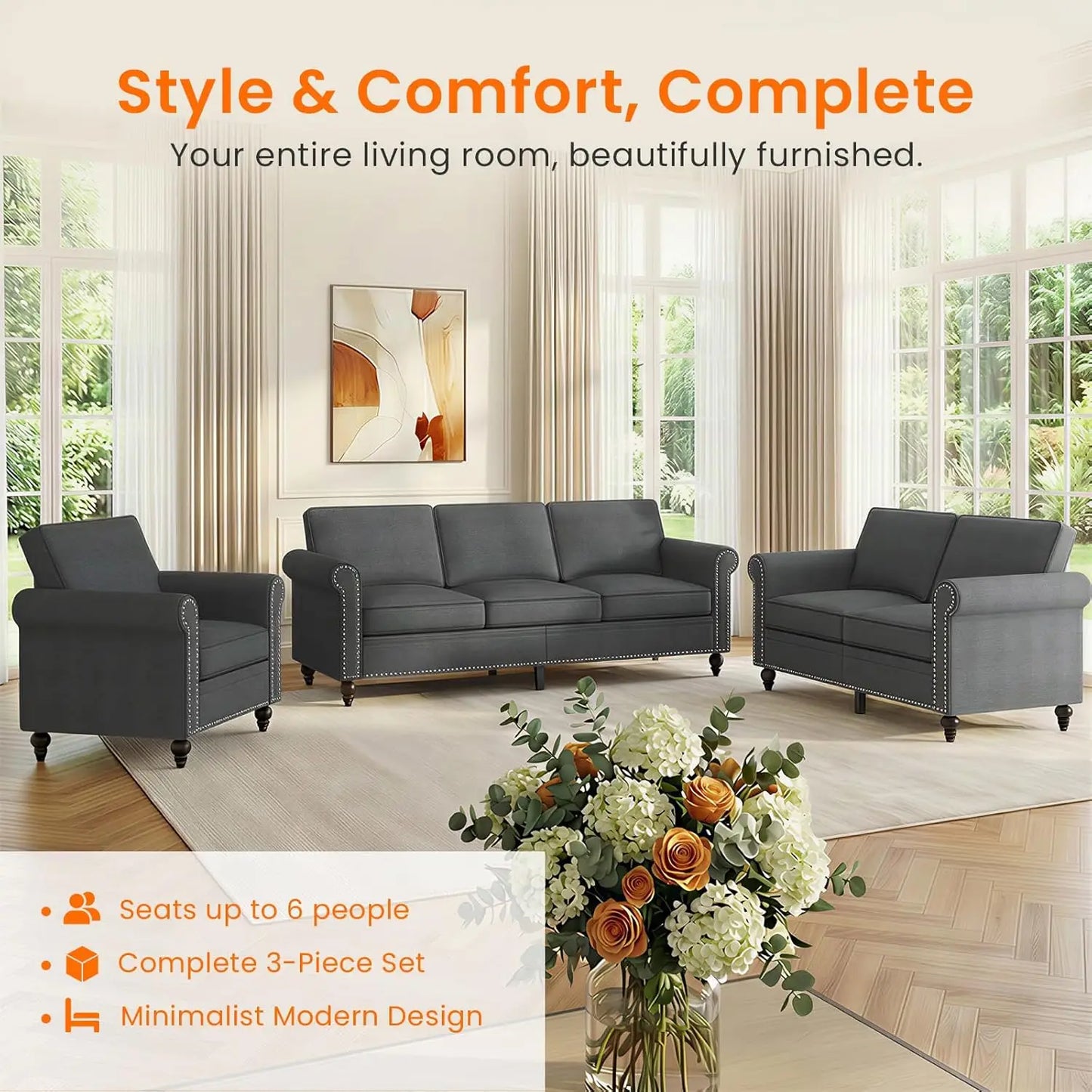 3 Piece Linen Sofa Set With Nailhead Trim For Living Room