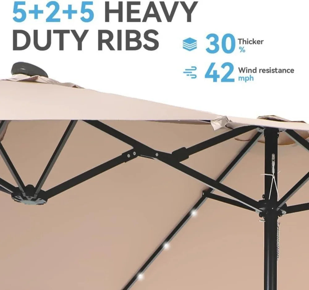 15 ft Rectangle Patio Umbrella with Solar Lights and Base Included, Double-Sided Market Table Umbrella with Crank, Large Outdoor