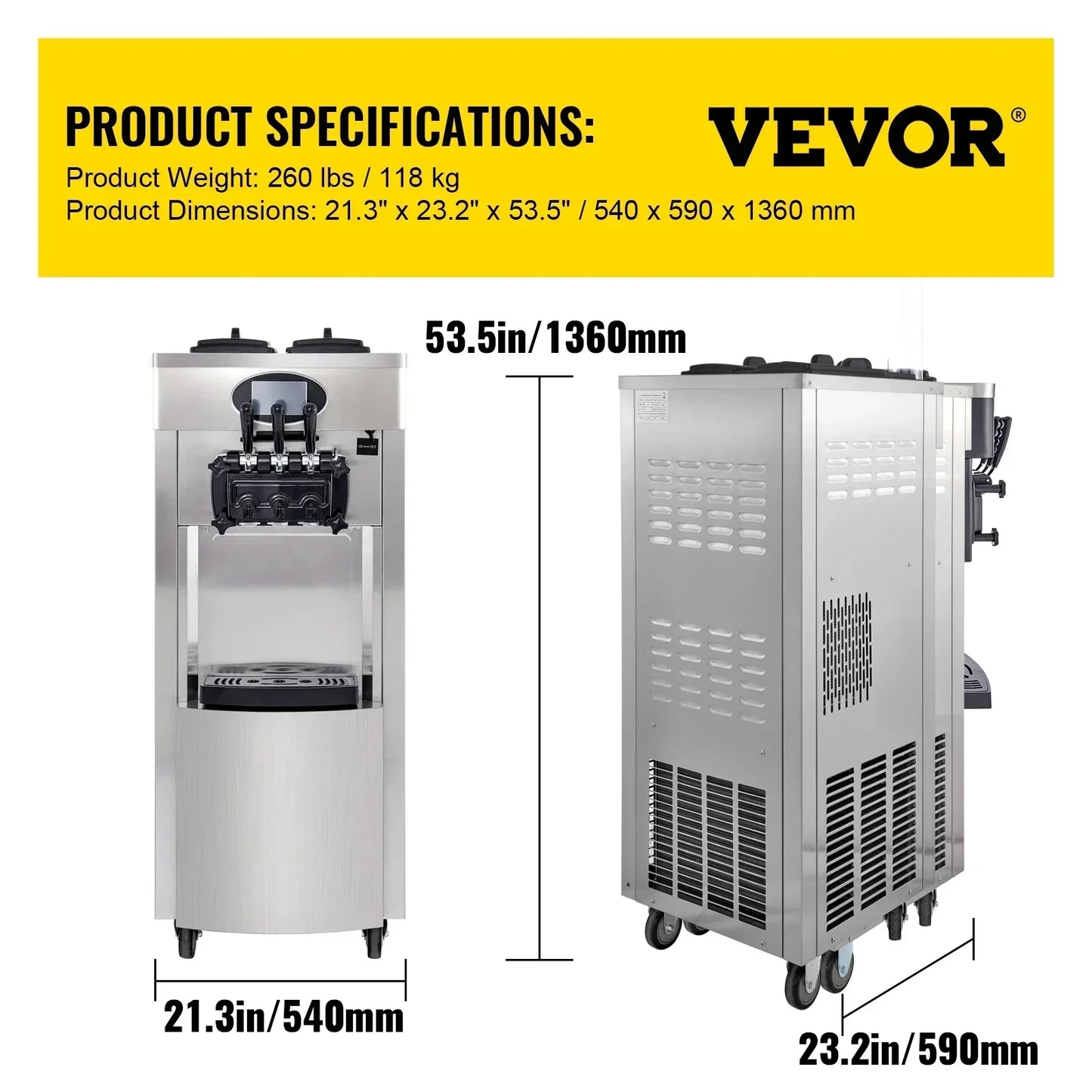 VEVOR 3 Flavor Vertical Soft Ice Cream Machine For Cafes