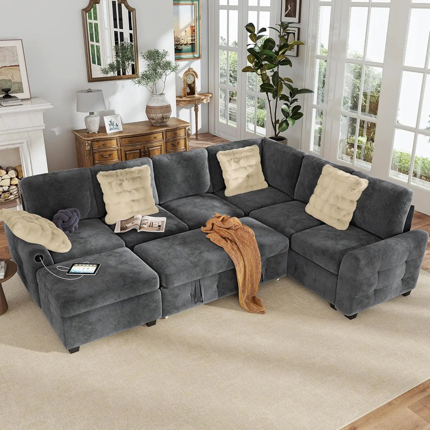 Corduroy L-Shaped Sectional Sofa With Pull-Out Bed Storage USB Charging