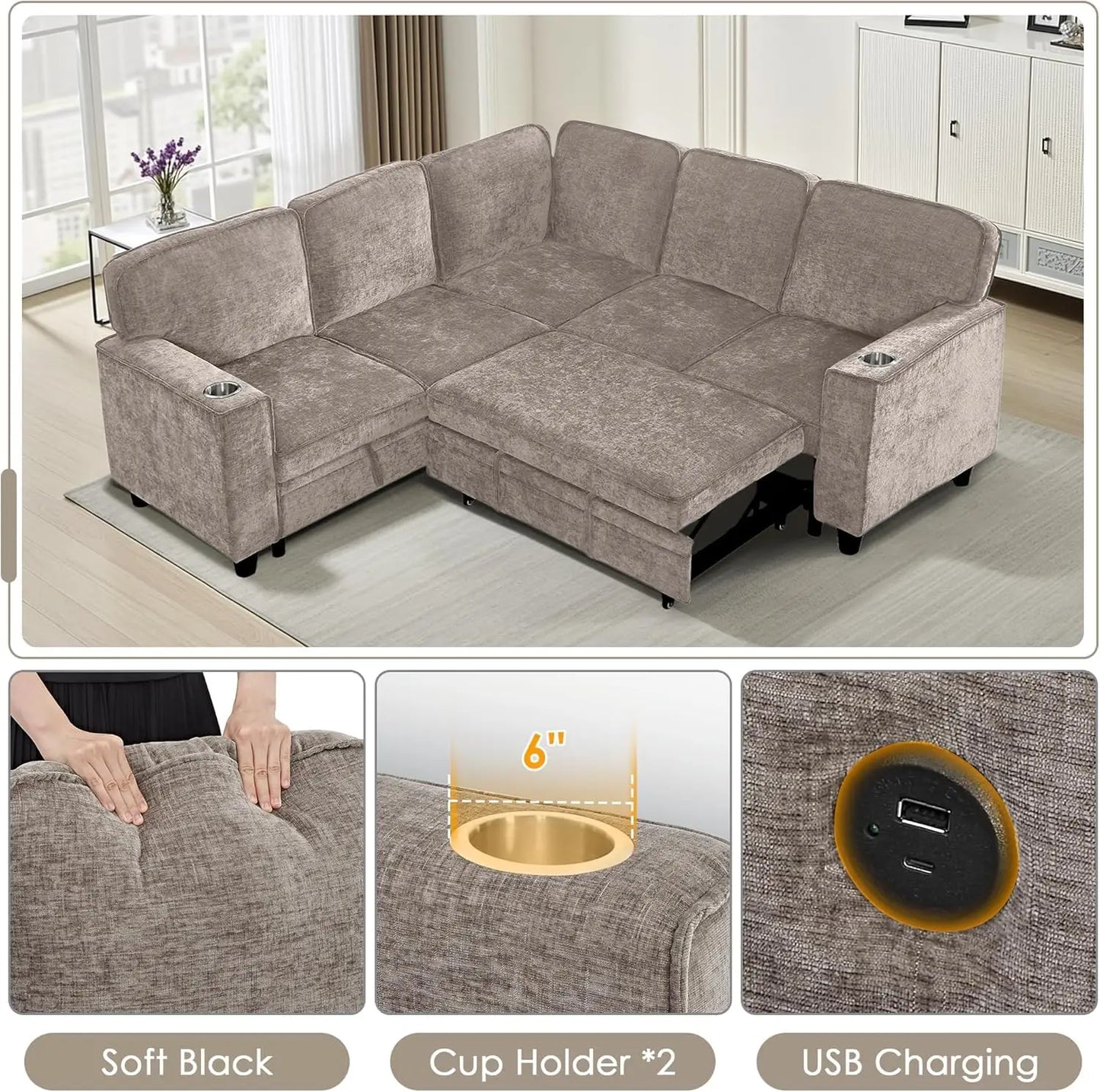 Modular L Shaped Sectional Sofa With Sleeper Storage USB Ports
