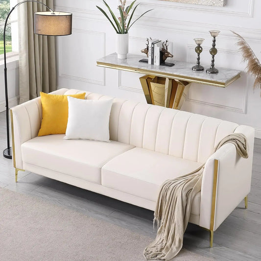 78in White Faux Leather Sofa 3 Seater Gold Metal Legs Deep Seat Living Room with 2 Pillows, Customized