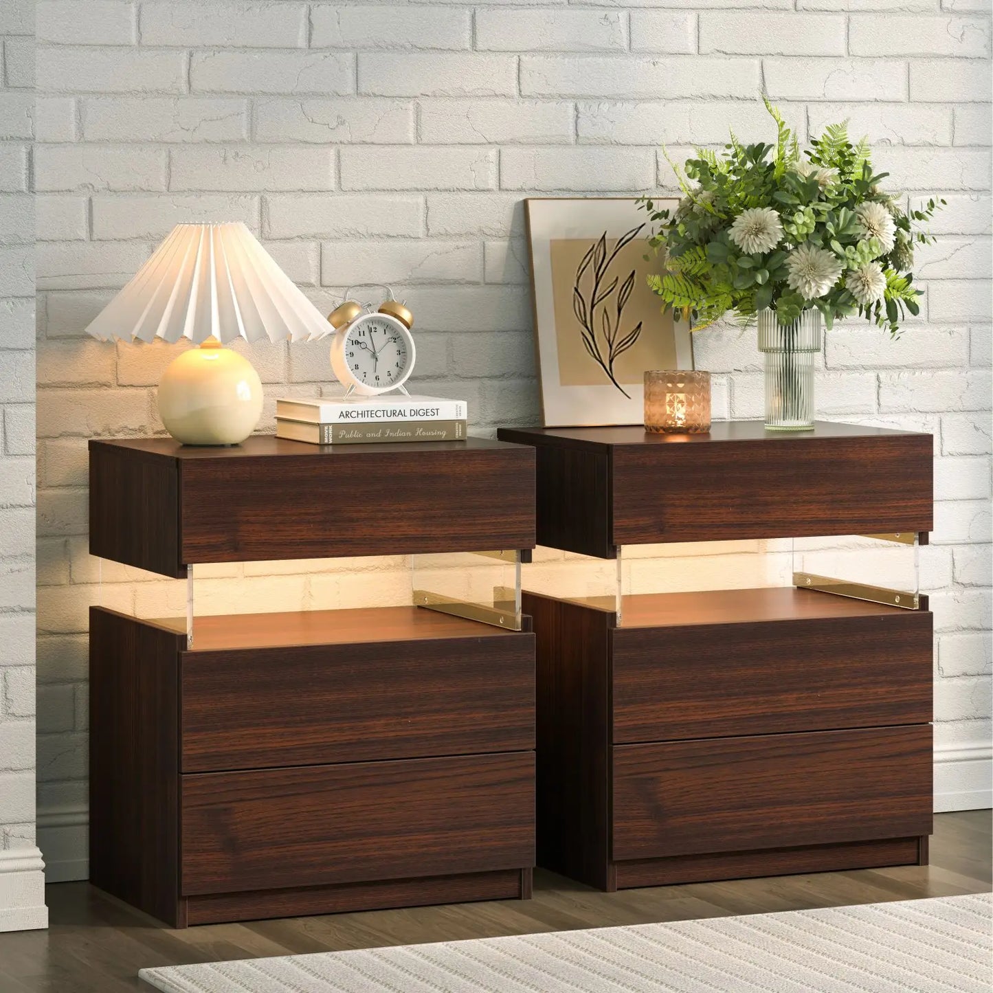 Cubehom LED Bedside Tables 2 Pack With 3 Drawers Bedroom