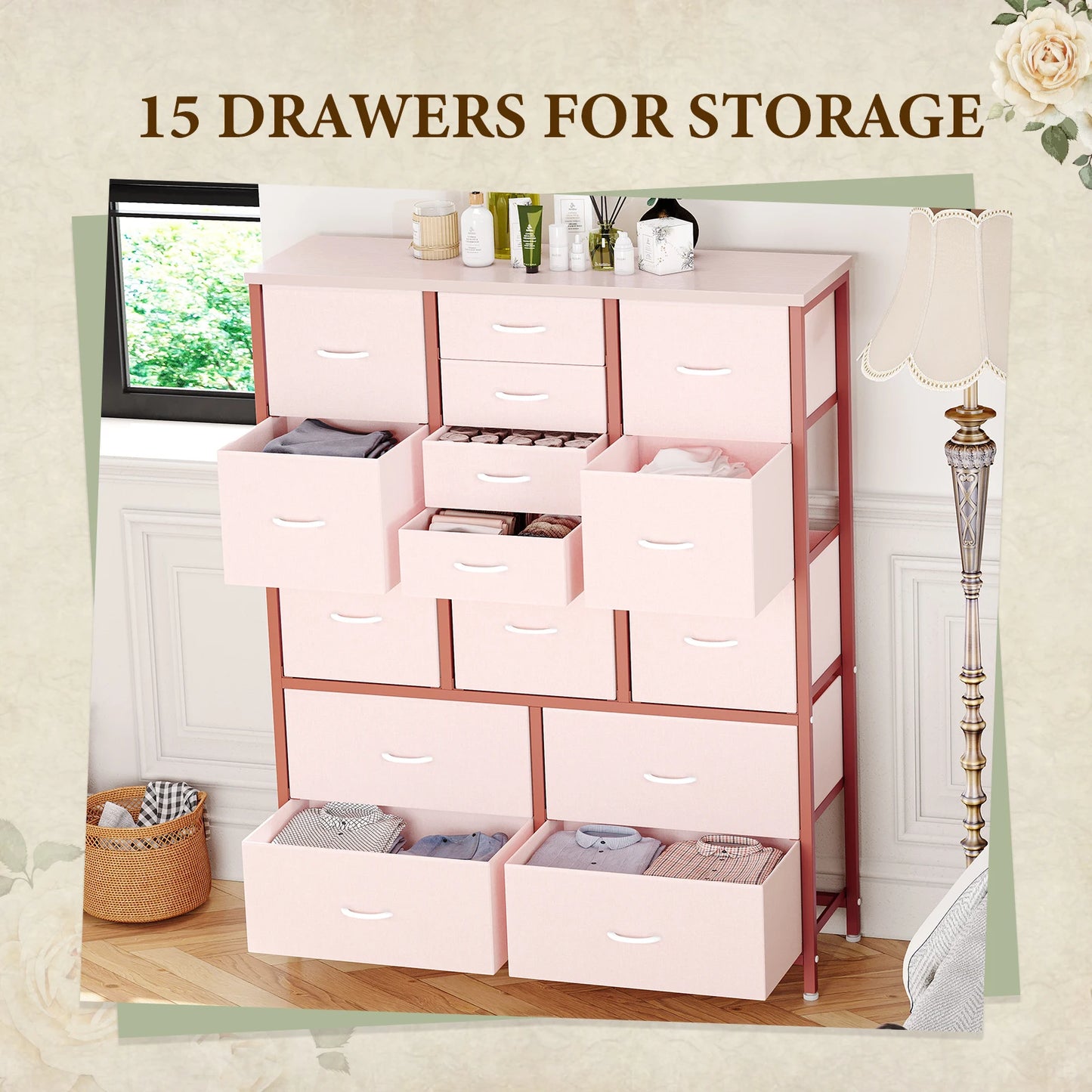 HiMISS 15 Drawer Dresser For Bedroom Space Saving Fabric Storage