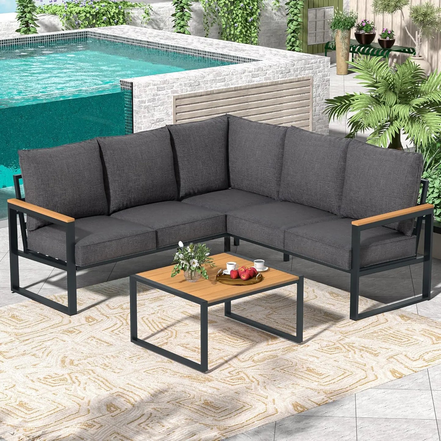 Metal Patio Furniture Set, 6 Pieces Outdoor Sectional Sofa Set with Side Table, L Shape Patio Conversation Set with, Customized