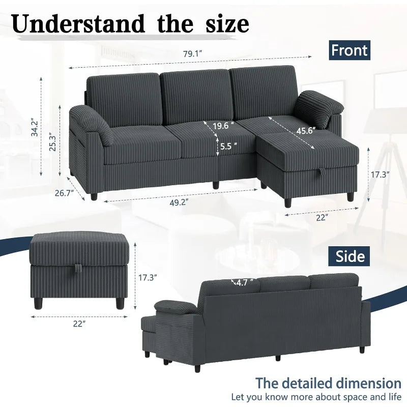 Meilocar Living Room L Shaped Sectional Sofa With Side Storage