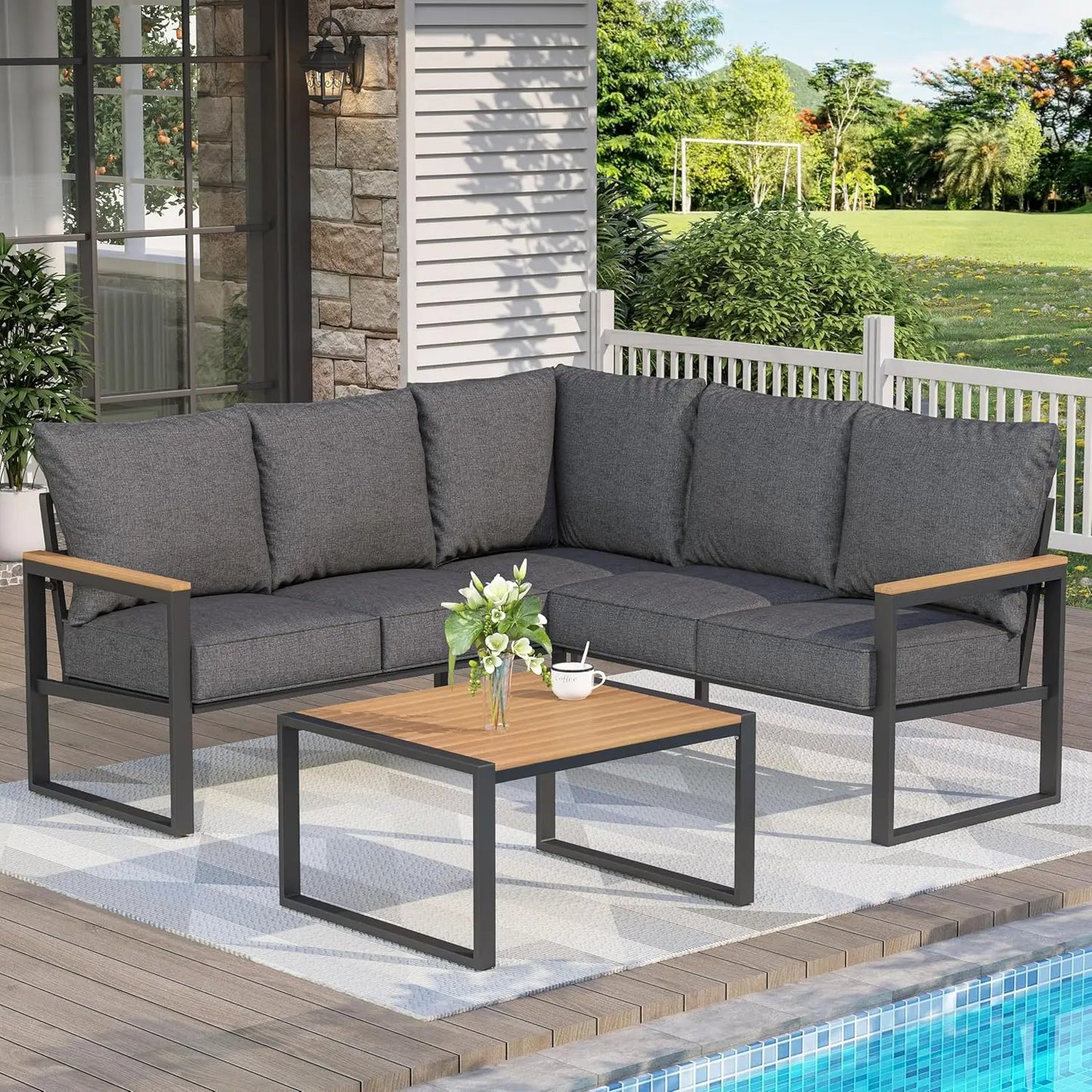 Metal Patio Furniture Set, 6 Pieces Outdoor Sectional Sofa Set with Side Table, L Shape Patio Conversation Set with, Customized