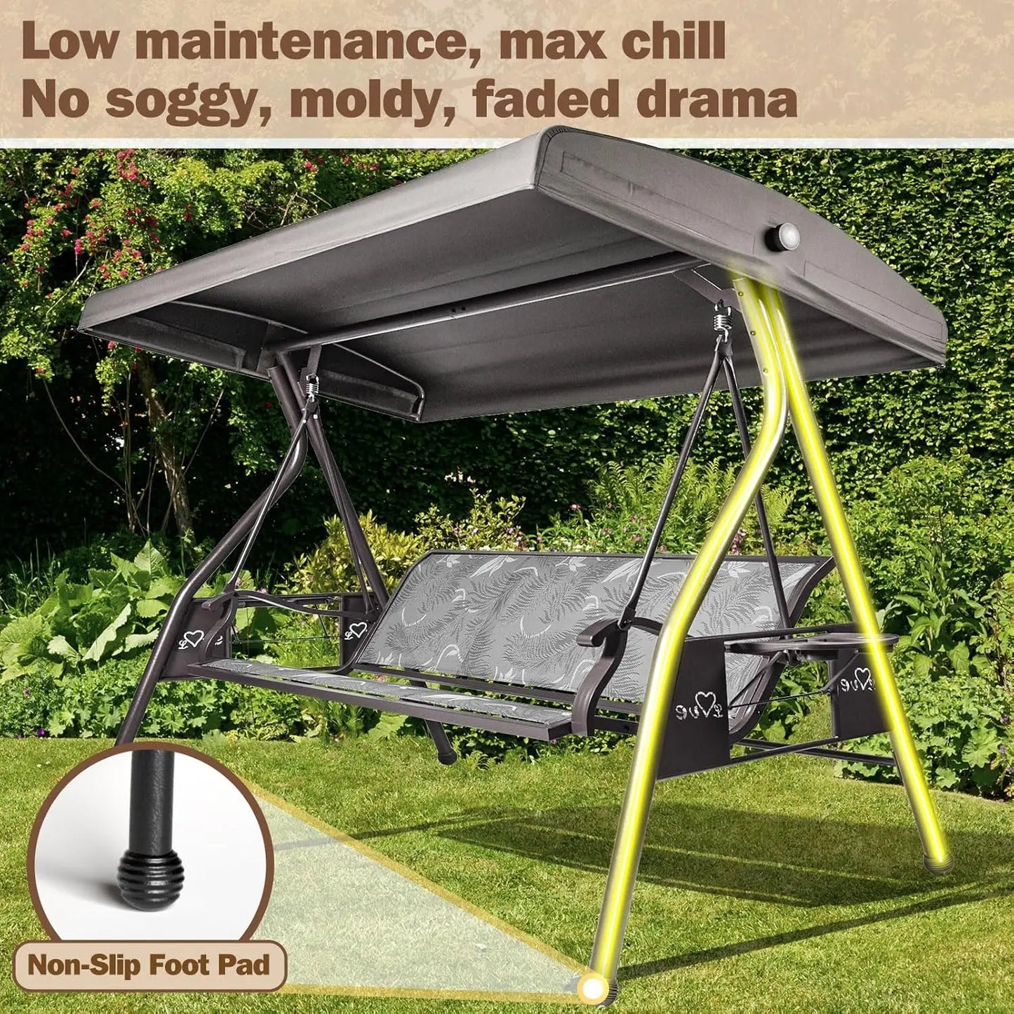 Three-Seat Patio Swing Chair With Adjustable Canopy Textilene Cup Holders