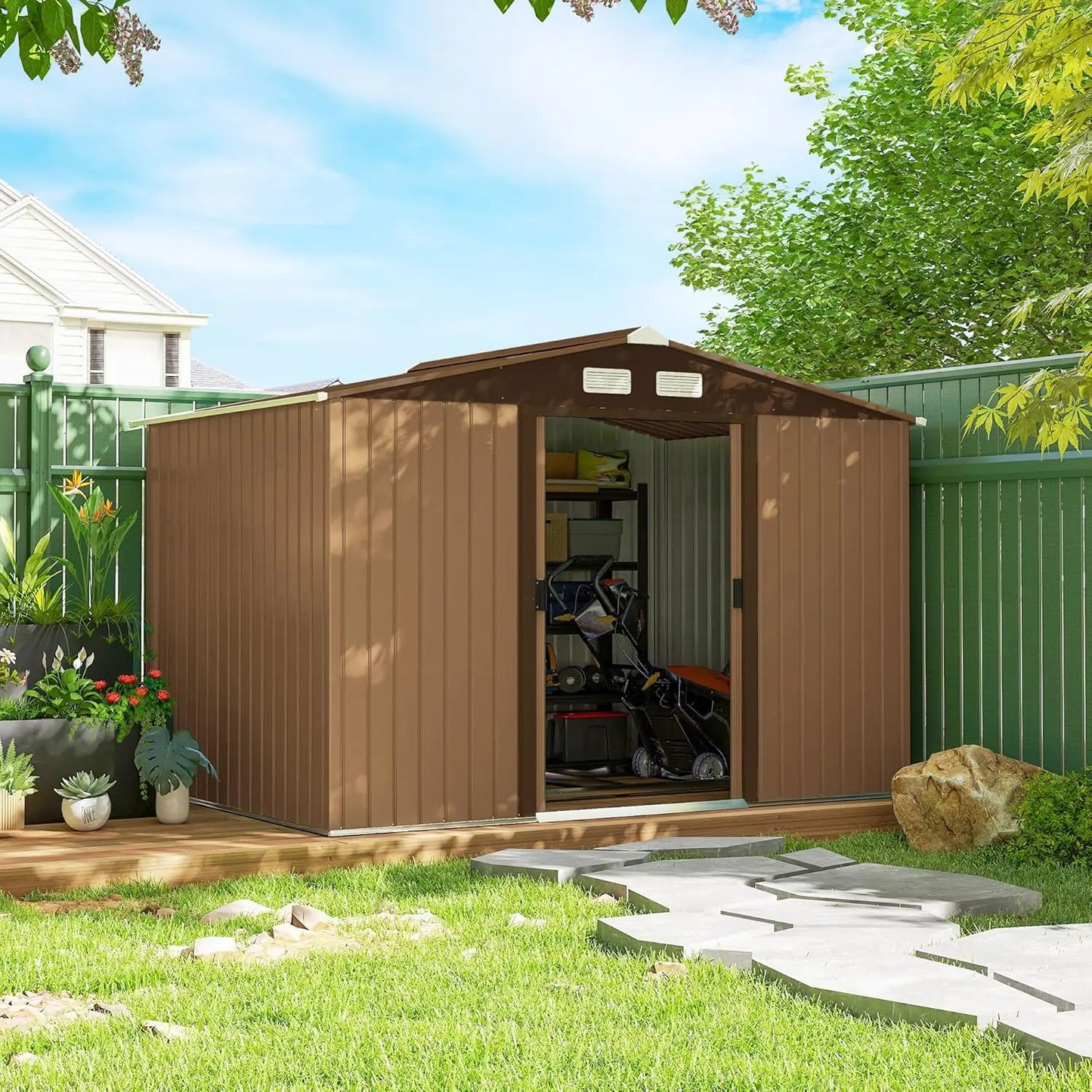 GELU Metal Storage Shed With Foundation Kit And Lockable Doors