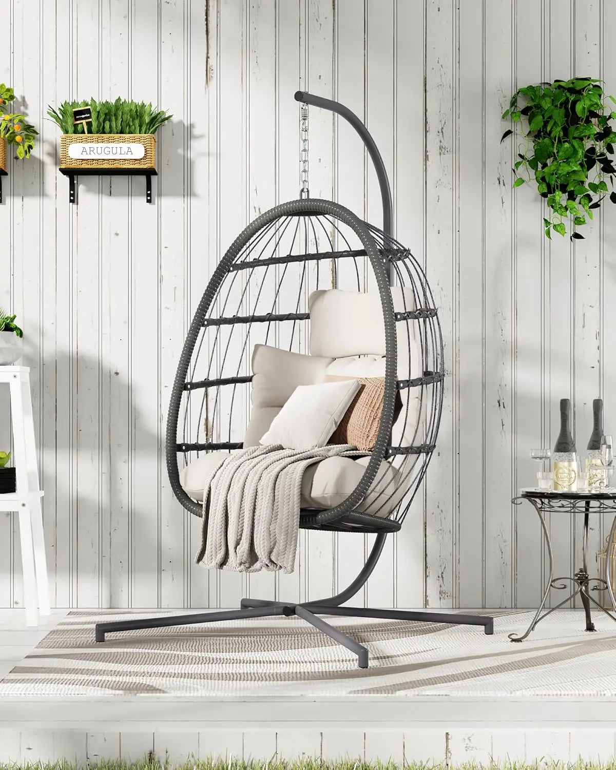 Hanging Egg Chair With Stand Outdoor Patio Wicker Swing Cushion