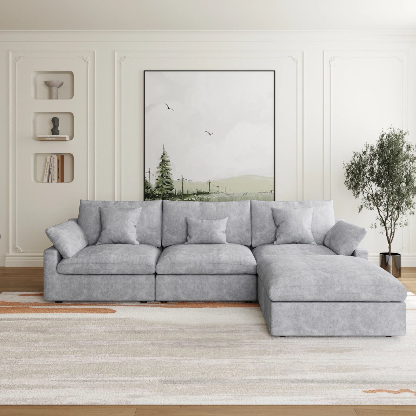 Sdorens 120'' Sectional Sofas for Living Room Modern Cloud Couch Down Filled L-Shaped 3Seater Couch with Ottoman