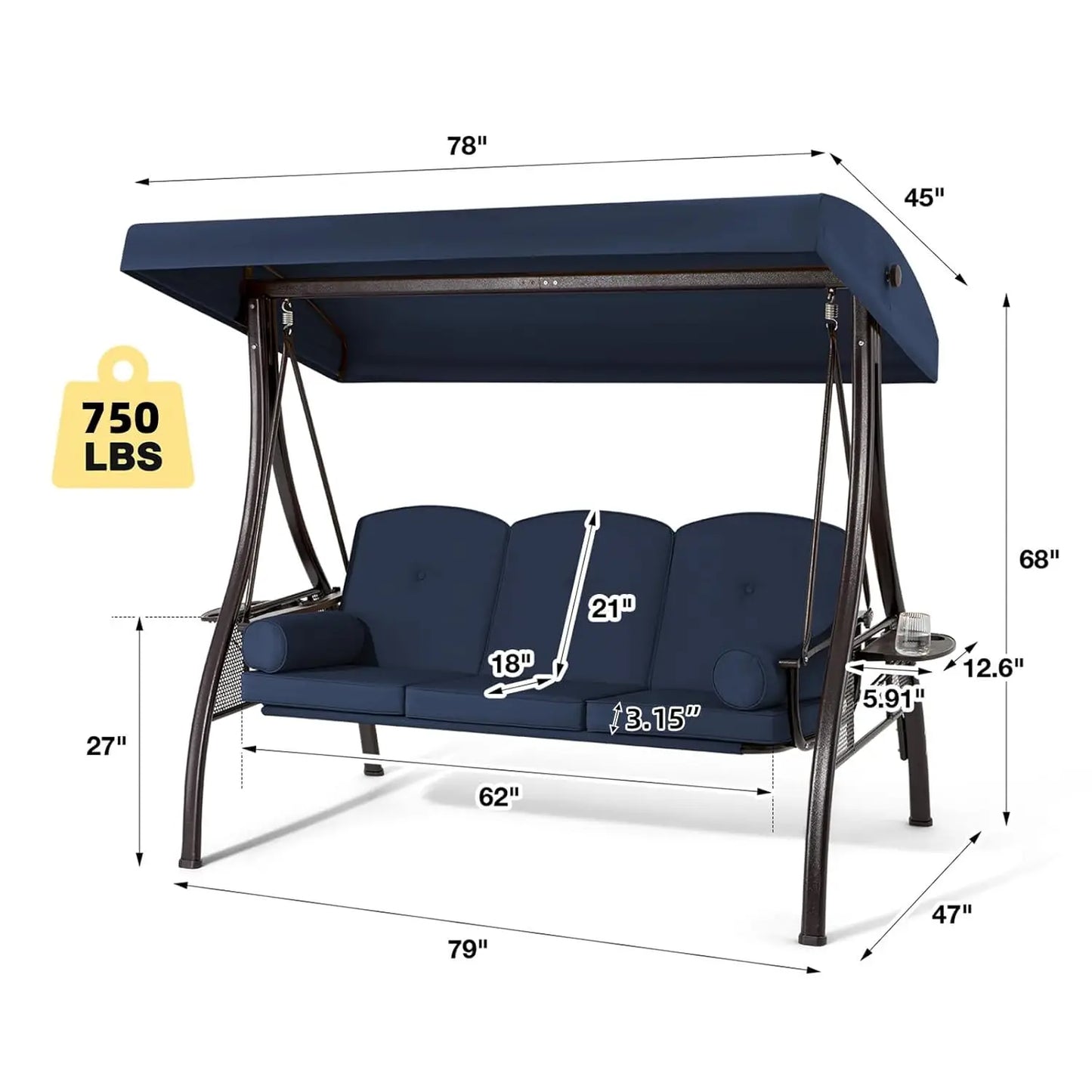 Three Seat Patio Swing With Adjustable Canopy Backrest Cup Holder