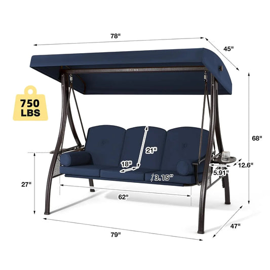 Three Seat Patio Swing With Adjustable Canopy Backrest Cup Holder