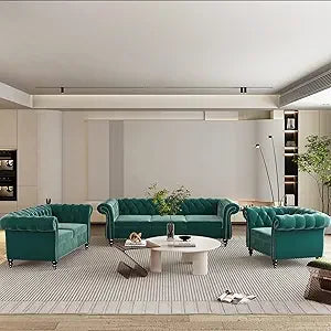 DAFIFY Velvet Chesterfield Sofa Loveseat Chair Set For Living Room