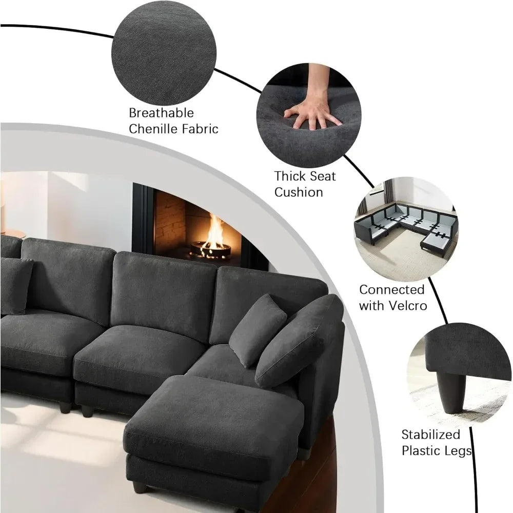 Guangbai Seven Seater Chenille Cloud Couch With Movable Ottoman Sofa