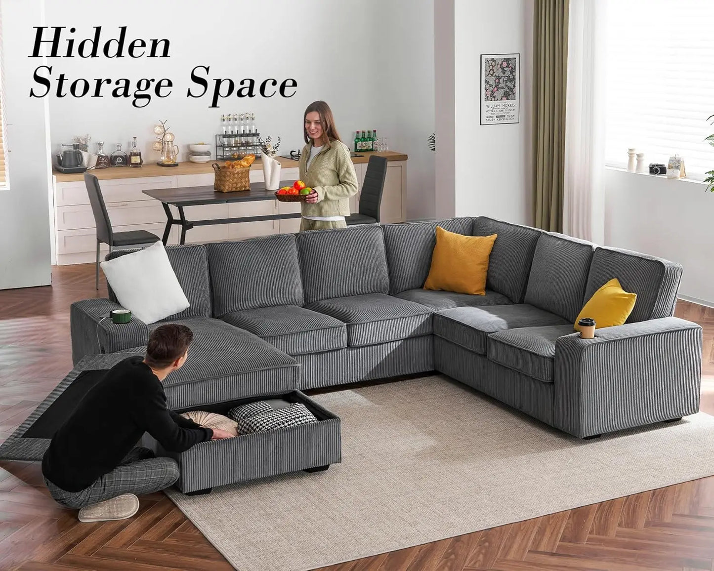 U Shaped Couch Sofa With Storage Chaise And USB Ports