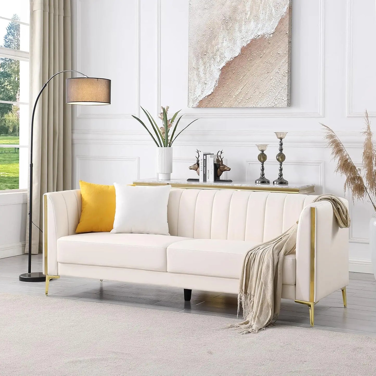 78in White Faux Leather Sofa 3 Seater Gold Metal Legs Deep Seat Living Room with 2 Pillows, Customized
