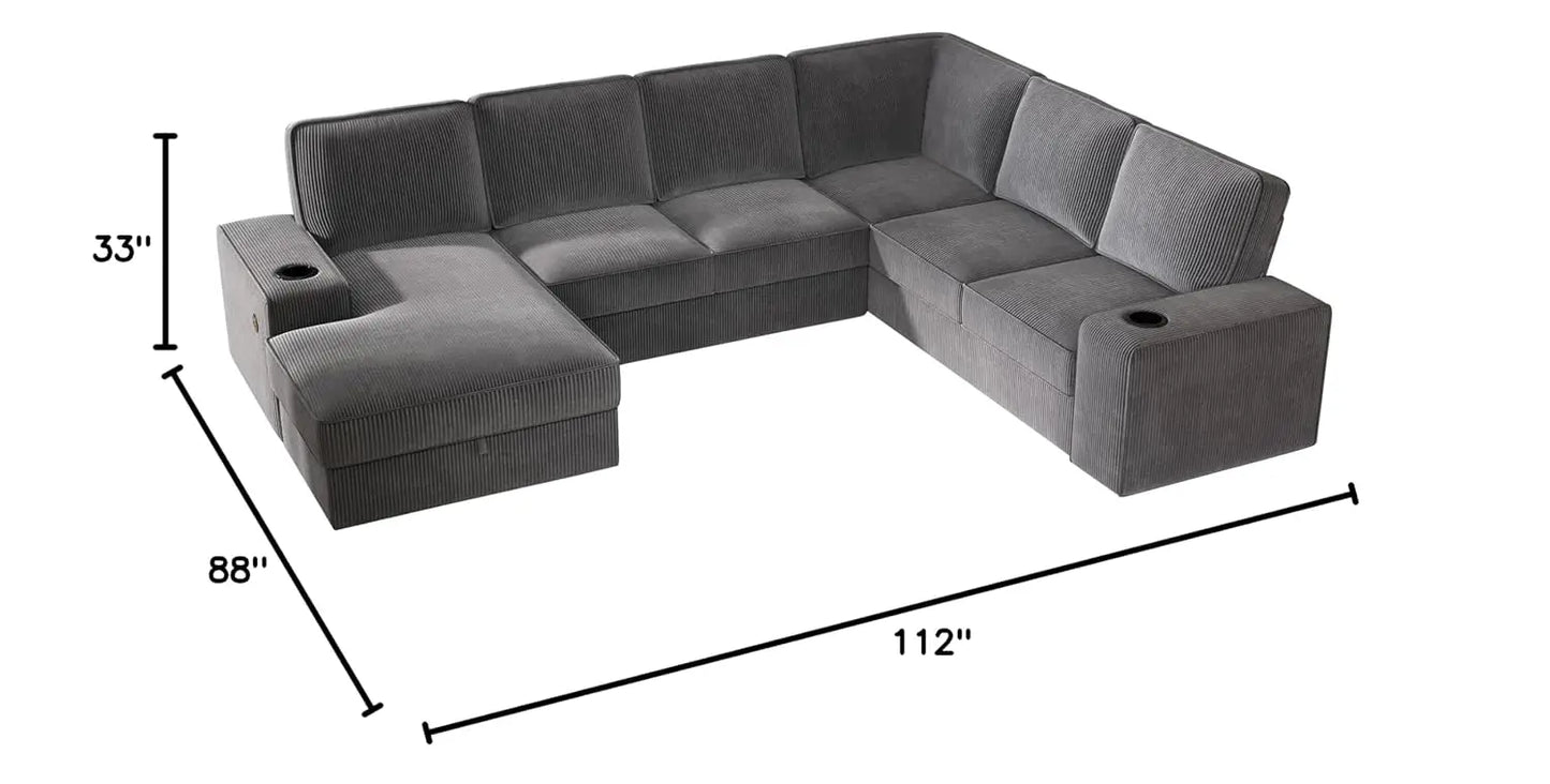 U Shaped Couch Sofa With Storage Chaise And USB Ports