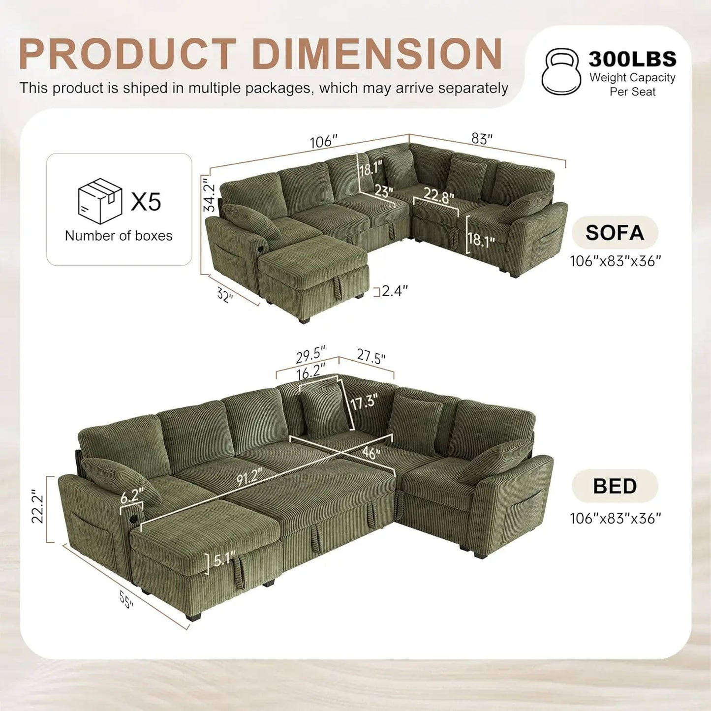 Corduroy L-Shaped Sectional Sofa With Pull-Out Bed Storage USB Charging