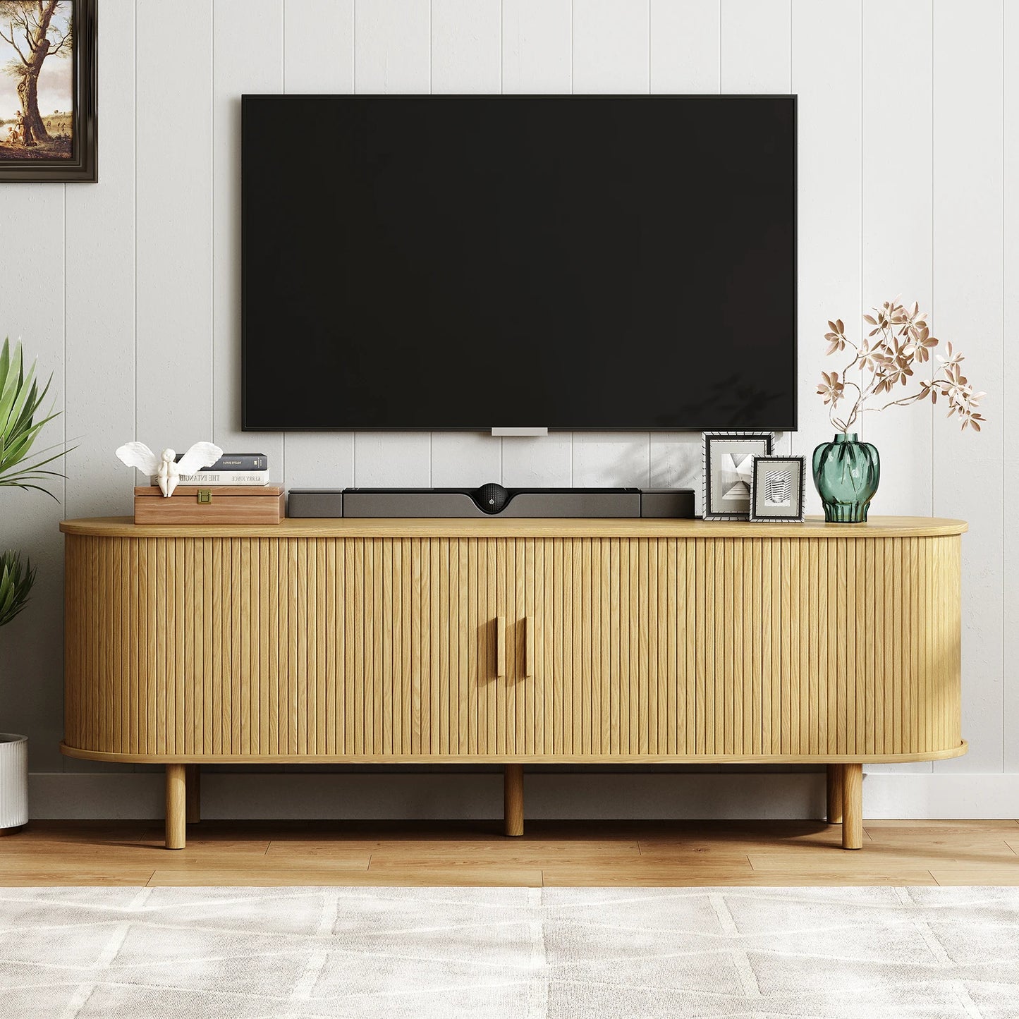 ONBRILL TV Stand With Power Outlet Sliding Doors Adjustable Shelves